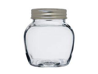 Empty glass jar, closed with a metal lid. Isolated on a white background.