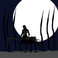 illustration of a centaur standing holding a scythe in the moonlight at night - obrazy, fototapety, plakaty