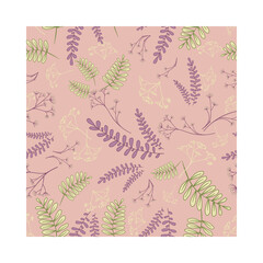 Seamless pattern with wild herbs colored purple, green and beige colored plant elements