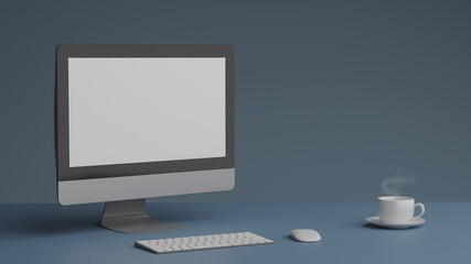 Blank screen on the desktop computer with a cup of coffee, mock-up, 3D Rendering