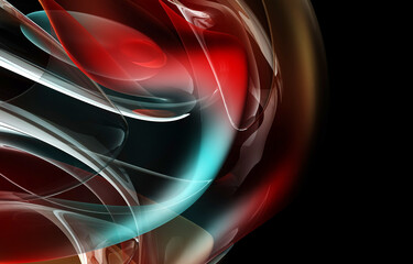 3d render of abstract art of surreal 3d background in spherical round wavy spiral smooth soft biological lines forms in transparent glossy glass in red and green gradient color on black