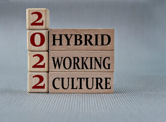 HYBRID WORKING CULTURE 2022 - words on wooden blocks on gray background