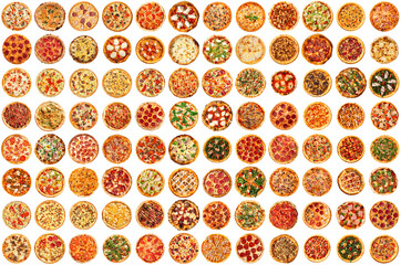 Isolated assorted variety of pizza group collage on white background