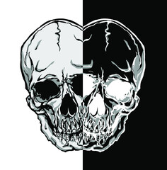 Hand drawn vector illustration of three eyed skull cut in half and isolated on black and white in positive and negative.