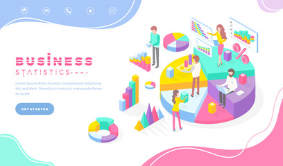 Business statistics workers data information vector. People working with visualization of info, schemes and diagrams, woman and man with charts. Website or webpage template, landing page in flat style