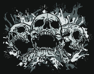 Trinity of mouth opened scary skulls. Hand drawn vector illustration in grunge black and white.