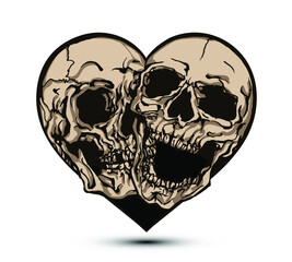 Vector illustration of two skulls inside a heart in the style of tattoo designs
