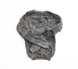 old gray worn sweater isolated on white background
