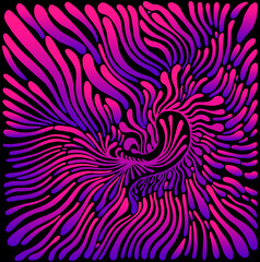 Vibrant abstract lines, spots, isolated on black background. Doodle style. Psychedelic decorative colorful ornament pink violet blue gradient color. 3D effect. Stylish card.