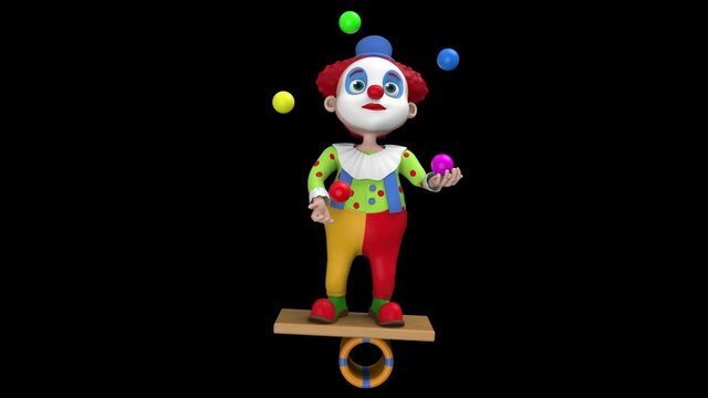 
Clown juggles with balls staying on balancing board - 3d render looped with alpha channel.