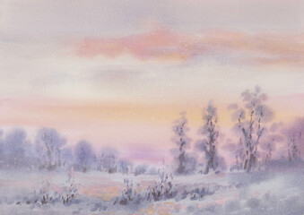 Evening landscape in winter pink watercolor background