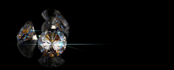 3D rendering illustration.Round cut diamond on black dark glossy background, rear light, shadow, caustics rays.