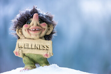 Happy troll holding sign with the word welness chiseled out. Soft blurred out background.