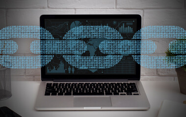 Digital software development, internet technology. Software, app, blockchain, programming on laptop...
