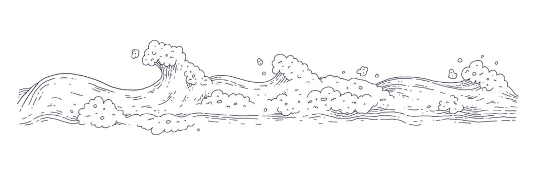 Waves sea ocean. Vector bursts splash with foam and bubbles. Outline doddle sketch black white illustration.