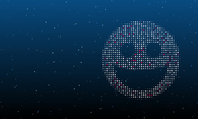 On the right is the laughter Emoticon symbol filled with white dots. Background pattern from dots and circles of different shades. Vector illustration on blue background with stars