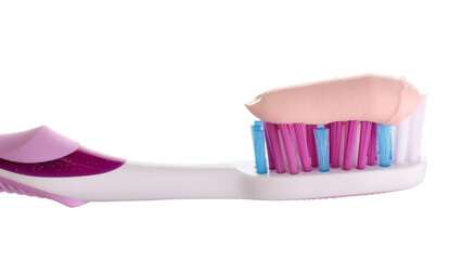 Brush with toothpaste on white background, closeup