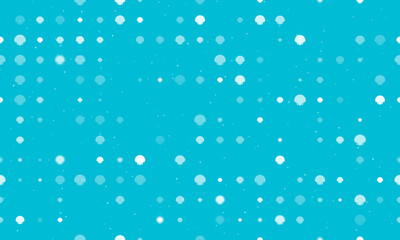 Seamless background pattern of evenly spaced white sea shell symbols of different sizes and opacity. Vector illustration on cyan background with stars