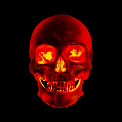 Pixel sorting glitch art corrupted graphics of colorful psychedelic front side skull from 3D rendering isolated on black background.