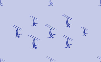Seamless pattern of large isolated blue freestyle skiing symbols. The pattern is divided by a line of elements of lighter tones. Vector illustration on light blue background