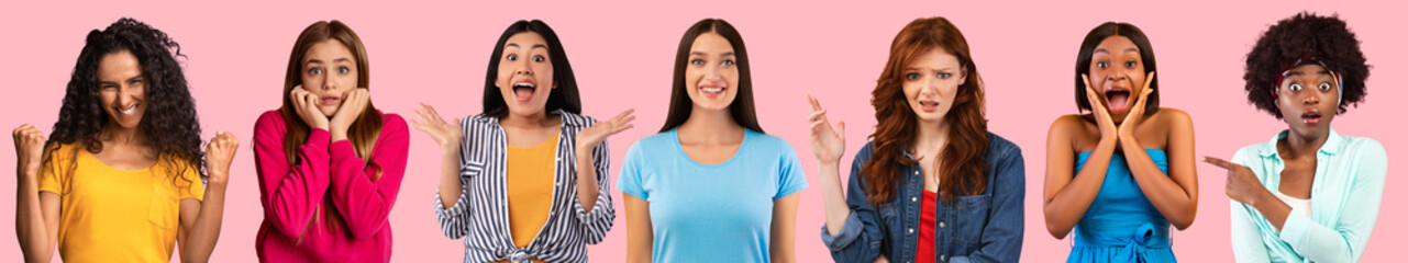 Multiracial pretty women gesturing and grimacing on pink, collage