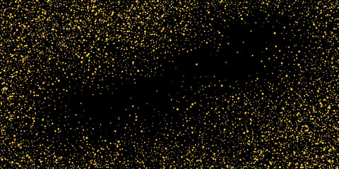 Gold glitter confetti on a black background. Shiny sand particles are scattered. Decorative items. Luxury background for your design, greeting cards, invitations, vector
