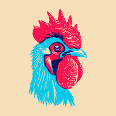 Head of a rooster. Colorful cute screen printing effect. Riso print effect. Vector illustration. Graphic element  for fabric, textile, clothing, wrapping paper, wallpaper © Татьяна Горбатюк
