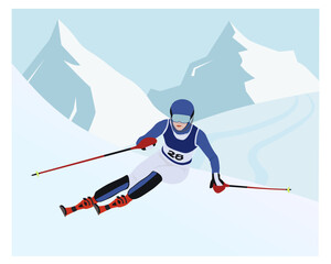  alpine skiing in the mountains. Vector illustration. Winter olympic sport. - obrazy, fototapety, plakaty