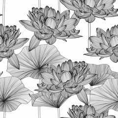 Seamless pattern, background with lotus flowers and leaves. Botanical illustration style. Black line illustration.