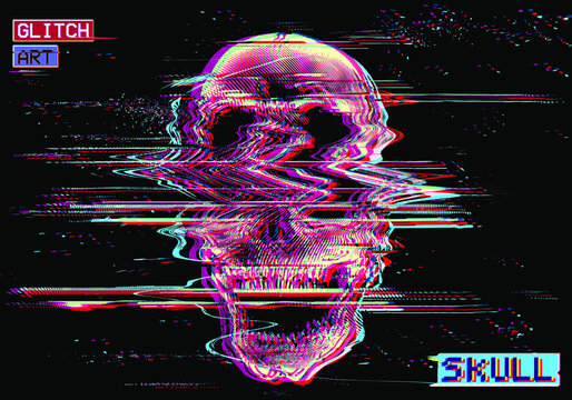 Glitch Art Skull. Vector illustration, digital glitch of screaming halftone wavy line skull in glitched corrupted graphics style.
