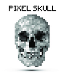 Pixel Skull. Vector monochrome illustration of pixelated skull isolated on white background.