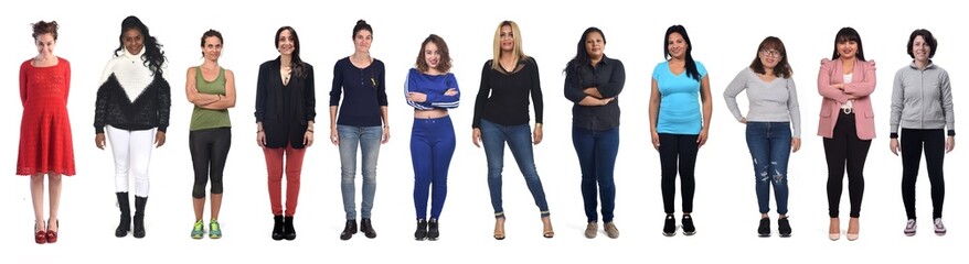 front view of a  group of a women on white background