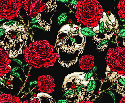 Seamless vector pattern of skulls and red roses with stems, leaves, buds and thorns tangled on black background.