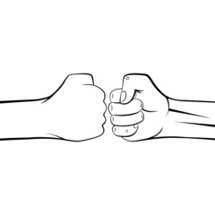 Contour friendly bump of clenched man fists against each other. Greeting hands gesture. Concept of teamwork, partnership, friendship and unity. Vector illustration