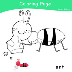 Coloring insects worksheet page. Educational printable coloring worksheet. Coloring game for preschool children. Black and white vector illustration. Motor skills education.