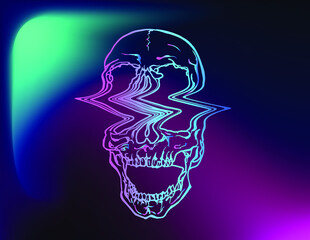 Vector illustration of blue and pink stroke digital glitch screaming skull in the style of vaporwave design. - obrazy, fototapety, plakaty
