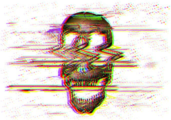 Vector illustration, digital glitch of screaming dot halftone skull in glitched corrupted graphics style.