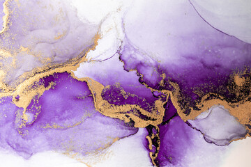 Purple gold abstract background of marble liquid ink art painting on paper . Image of original...