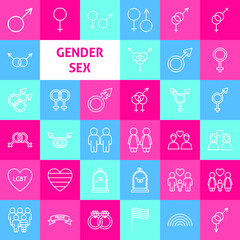 Gender Sex Line Icons. Vector Thin Outline LGBT Symbols.