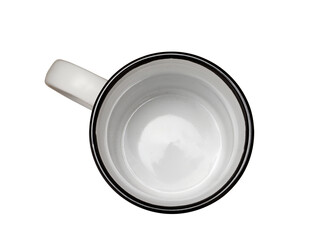 Empty ceramic cup with a handle for tea or coffee. Close-up on a white background, top view