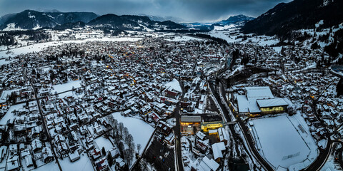 Fototapeta na wymiar Aerial view, Oberstdorf in winter, Illertal, Allgäu Alps, Allgäu, Bavaria, Germany,