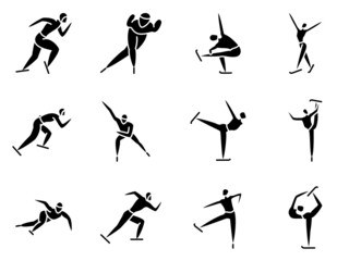 Winter sports, Olympic sports in winter. Speed skating, ice skating, figure skating. Set of vector icons, glyph, silhouette, isolated
