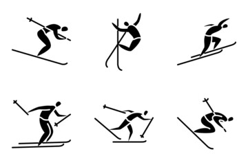 Winter sports, Olympic sports in winter. Cross-country skiing, downhill, ski jumping. Set of vector icons, glyph, silhouette, isolated