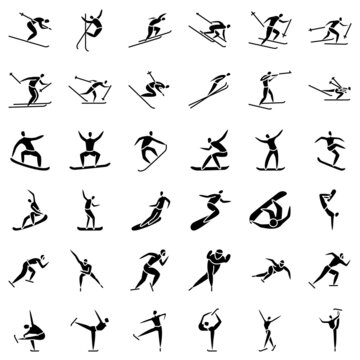 Winter sports, Olympic sports in winter. Speed skating, springboard, cross-country skiing, biathlon. Skiing, skating, snowboarding, figure skating. Set of vector icons, glyph, silhouette, isolated