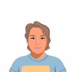A young tanned girl with short hair in a blue t-shirt. Happy people avatars. Head portrait. Colored flat vector illustration