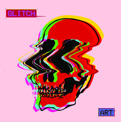 Vector flat minimalist illustration of red and color glitched line screaming skull in CMYK color mode offset in minimalist tattoo style.
