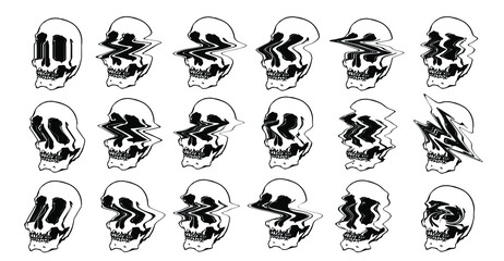 Vector set illustration of 18 different digital glitched skulls in many ways.