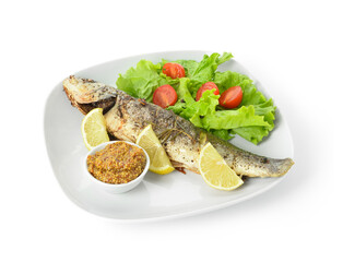 Plate with delicious sea bass fish, vegetables and bowl with mustard seeds on white background