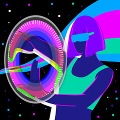 Neon futuristic woman figure art with fully immersive virtual reality headset. VR glasses, augmented reality