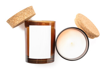 Scented wax candles on white background